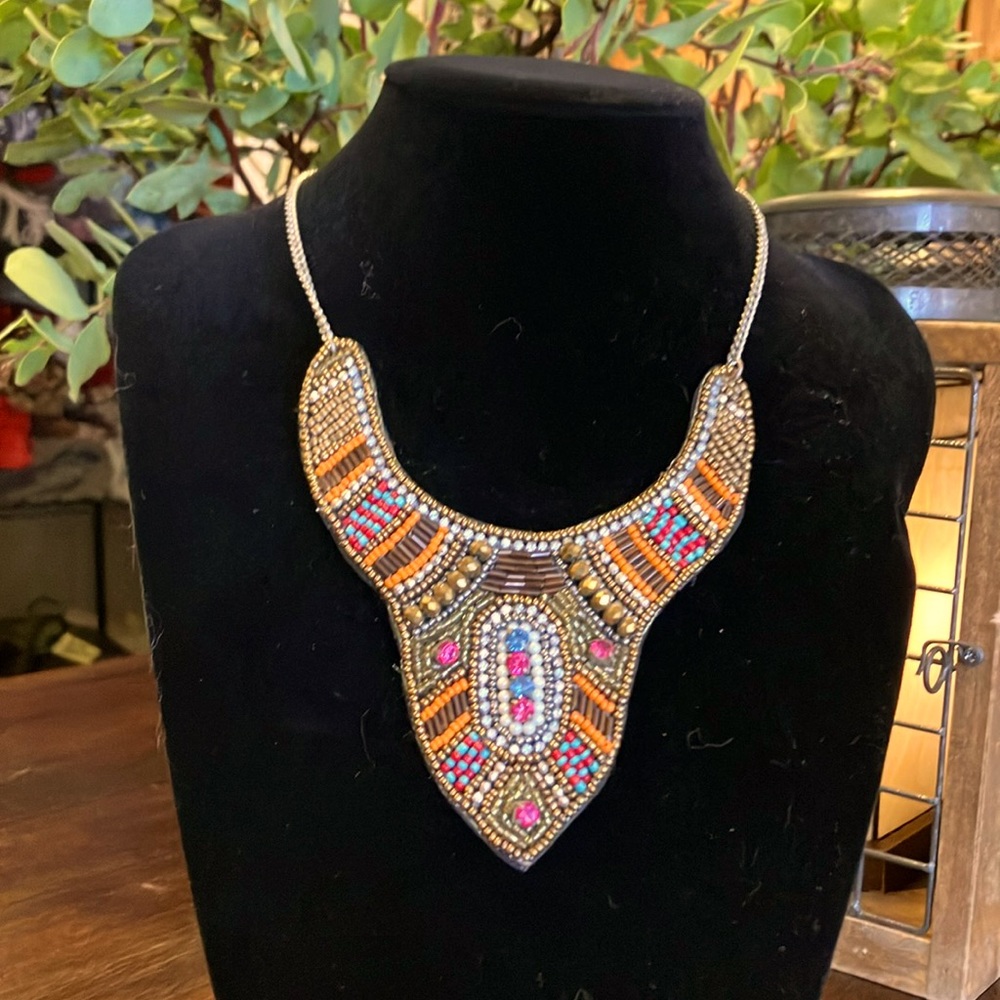 Boho, ethnic style beaded statement necklace. Multi color.